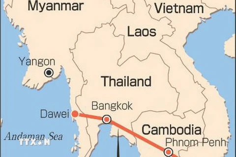 Bản đồ Hành lang kinh tế phía Nam tại khu vực phía nam sông Mekong, nối Thành phố Hồ Chí Minh (Việt Nam) với Bangkok (Thái Lan) qua Phnom Penh (Campuchia). (Nguồn: AFP/TTXVN)