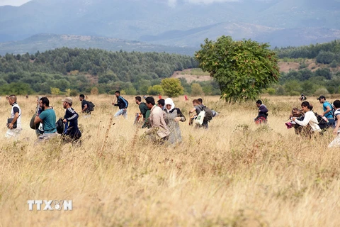 Người di cư tại thị trấn Gevgelija, sau khi trèo qua hàng rào ngăn cách biên giới Macedonia-Hy Lạp ngày 22/8. (Nguồn: AFP/TTXVN)