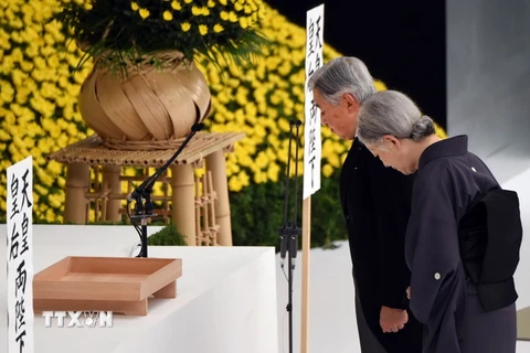 Nhật Hoàng Akihito (phải), Hoàng hậu Michiko tại lễ tưởng niệm các nạn nhân chiến tranh ở Tokyo. (Nguồn: AFP/TTXVN)
