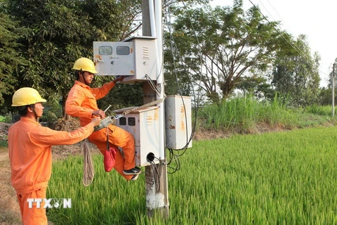 Công nhân Công ty Điện lực An Giang (Tổng Công ty Điện lực miền Nam) vận hành cấp điện cho các hộ dân khu vực nông thôn Châu Đốc. (Ảnh: Ngọc Hà/TTXVN)