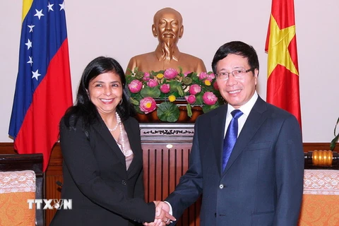 Phó Thủ tướng, Bộ trưởng Ngoại giao Phạm Bình Minh tiếp bà Delcy Rodríguez, Bộ trưởng Ngoại giao Cộng hòa Bolivar Venezuela. (Ảnh: Thống Nhất/TTXVN)