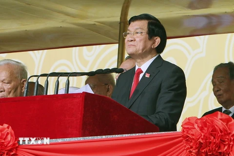 Chủ tịch nước Trương Tấn Sang đọc Diễn văn tại Lễ kỷ niệm. (Ảnh: TTXVN)
