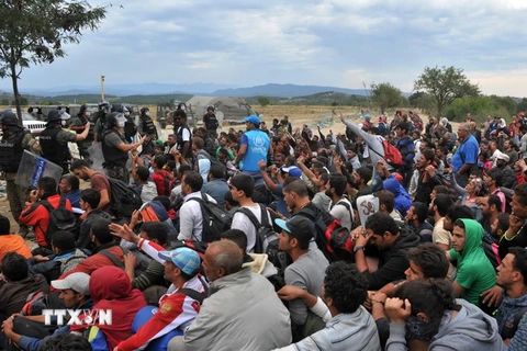 Người di cư chờ đợi tại thị trấn biên giới Idomeni, miền bắc Hy Lạp để được làm thủ tục nhập cảnh vào Macedonia ngày 7/9. (Nguồn: AFP/TTXVN)