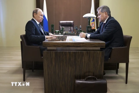 Tổng thống Nga Vladimir Putin (trái) trong cuộc gặp với Bộ trưởng Quốc phòng Nga Sergei Shoigu (phải) tại Sochi. (Nguồn: AFP/TTXVN)