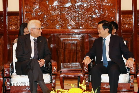 Chủ tịch nước Trương Tấn Sang gặp riêng Tổng thống Sergio Mattarella. (Ảnh: Nguyễn Khang/TTXVN)