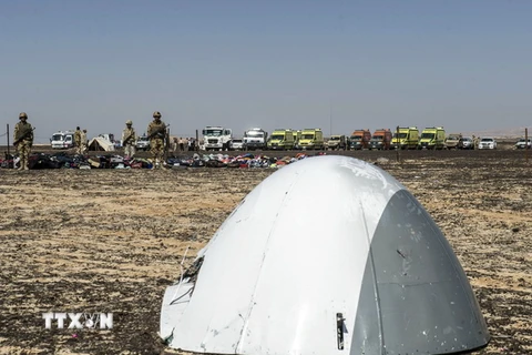 Mảnh vỡ máy bay Nga A321 tại hiện trường vụ rơi máy bay ở Wadi el-Zolmat, bán đảo Sinai, Ai Cập ngày 1/11. (Nguồn: AFP/TTXVN)