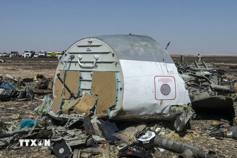 Mảnh vỡ máy bay Nga A321 tại hiện trường vụ rơi ở Wadi al-Zolomat, bán đảo Sinai, Ai Cập ngày 1/11. (Nguồn: AFP/TTXVN)
