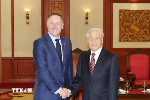 Tổng Bí thư Nguyễn Phú Trọng tiếp Thủ tướng New Zealand John Key sang thăm chính thức Việt Nam. (Ảnh: Trí Dũng/TTXVN)