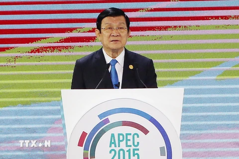 Chủ tịch nước Trương Tấn Sang phát biểu tại phiên họp thứ 6 của các nhà Lãnh đạo Doanh nghiệp APEC. (Ảnh: Nguyễn Khang/TTXVN) 