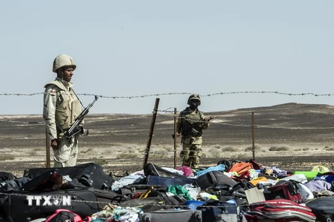 Hiện trường vụ rơi máy bay ở Wadi el-Zolmat, bán đảo Sinai ngày 1/11. (Nguồn: AFP/TTXVN)