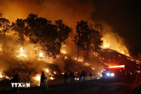 Lực lượng cứu hỏa nỗ lực khống chế các đám cháy rừng ở Valley Fire, California Mỹ ngày 13/9. (Nguồn: AFP/TTXVN)