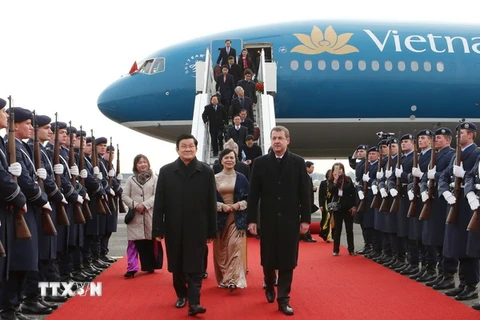 Lễ đón Chủ tịch nước Trương Tấn Sang tại sân bay. (Ảnh: Nguyễn Khang/TTXVN)
