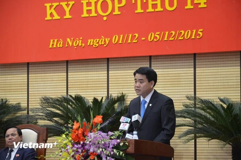 Ông Nguyễn Đức Chung phát biểu sau khi được bầu làm Chủ tịch UBND thành phố Hà Nội. (Ảnh: Nguyễn Văn Cảnh/Vietnam+)