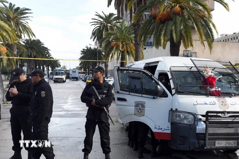 Cảnh sát Tunisia làm nhiệm vụ tại hiện trường vụ đánh bom ở thủ đô Tunis ngày 25/11. (Nguồn: AFP/TTXVN)