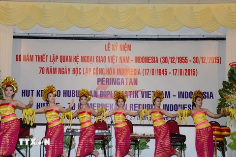 Chương trình giao lưu văn hóa giữa Việt Nam và Indonesia tại Lễ kỷ niệm 60 năm thiết lập quan hệ Ngoại giao Việt Nam-Indonesia. (Ảnh: Thanh Vũ/TTXVN)