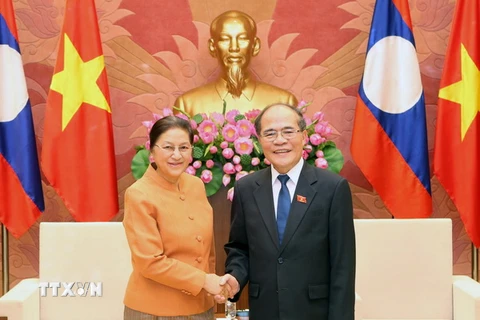 Chủ tịch Quốc hội Nguyễn Sinh Hùng tiếp bà Pany Yahotou, Chủ tịch Quốc hội Lào. (Ảnh: Nhan Sáng/TTXVN)