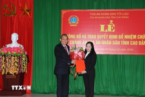 Chánh án Tòa án nhân dân Tối cao Trương Hòa Bình trao Quyết định bổ nhiệm cho bà Lưu Thu Giang. (Ảnh: Quân Trang/TTXVN)