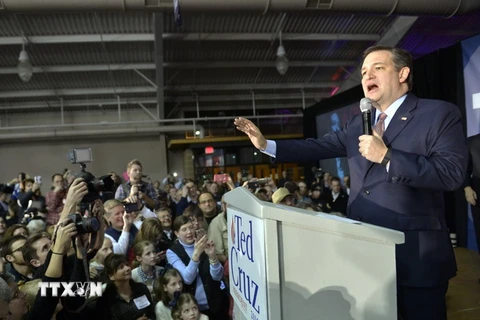 Ứng viên Ted Cruz (giữa) phát biểu trước những người ủng hộ tại Iowa State Fairgrounds ở Des Moines, bang Iowa ngày 1/2. (Nguồn: THX/TTXVN)