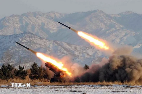 Quân đội Triều Tiên diễn tập bắn tên lửa tại một địa điểm bí mật ở Triều Tiên ngày 5/1/2009. (Nguồn: AFP/TTXVN)