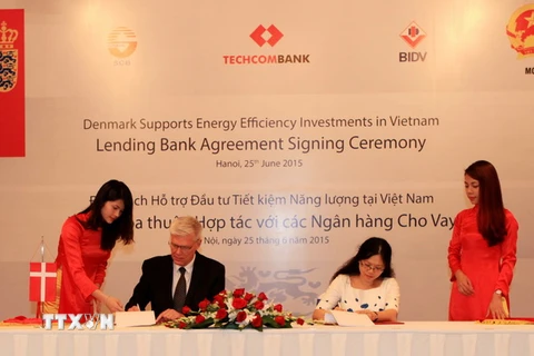 Ký kết hỗ trợ đầu tư tiết kiệm năng lượng tại Việt Nam giữa đại diện Techcombank và Đại sứ Đan Mạch tại Việt Nam. (Ảnh: Trần Việt/TTXVN)