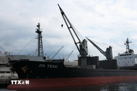 Công nhân Philippines dỡ hàng từ tầu Jin Teng xuống cảng Subic ngày 4/3. (Nguồn: AFP/TTXVN)