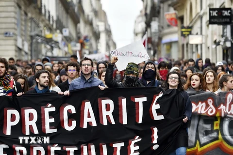 Người dân tham gia biểu tình tại Nantes, miền tây Pháp ngày 9/3. (Nguồn: AFP/TTXVN)