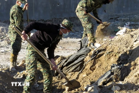 Cảnh sát Iraq khai quật mộ tập thể ở Ramadi ngày 26/1. (Nguồn: AFP/TTXVN)