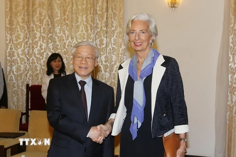 Tổng Bí thư Nguyễn Phú Trọng tiếp Tổng Giám đốc Quỹ tiền tệ Quốc tế ( IMF) Christine Largarde sang thăm và làm việc tại Việt Nam. (Ảnh :Trí Dũng/TTXVN)
