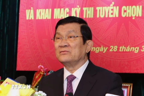 Chủ tịch nước Trương Tấn Sang dự Lễ Công bố Quyết định thành lập Học viện Tòa án ngày 28/3. (Ảnh: Nguyễn Khang/TTXVN) 