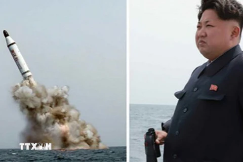 Nhà lãnh đạo Triều Tiên Kim Jong Un theo dõi vụ phóng thử tên lửa từ tàu ngầm nước này, ngày 10/5/2015. Ảnh minh họa. (Nguồn: Reuter/TTXVN)