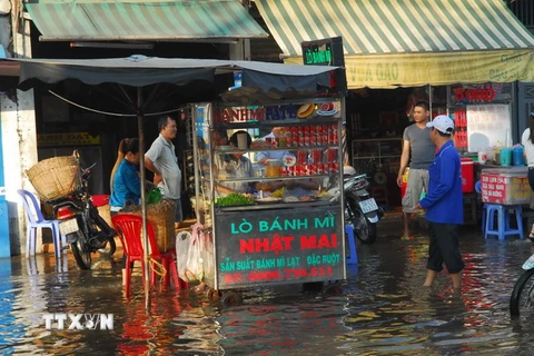 Triều cường gây ngập nước trên đường Hồ Học Lãm, quận Bình Tân. (Ảnh: Mạnh Linh/TTXVN)