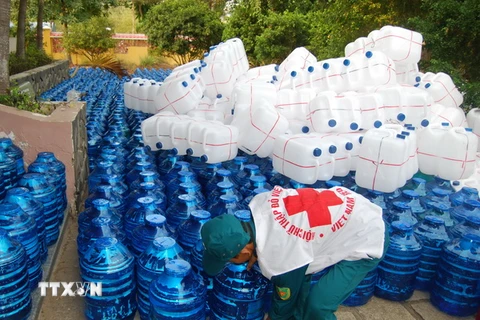 Trung ương Hội Chữ thập đỏ Việt Nam tặng bình nước lọc và can nhựa cho người nghèo bị ảnh hưởng do xâm nhập mặn. (Ảnh: Văn Trí/TTXVN)