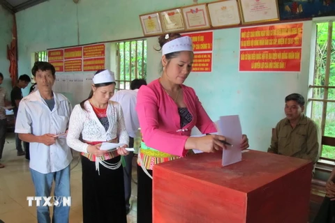 Cử tri dân tộc Mường bỏ phiếu bầu cử tại tổ bầu cử số 2, xã Cúc Phương, huyện Nho Quan, tỉnh Ninh Bình. (Ảnh: Hải Yến/TTXVN)
