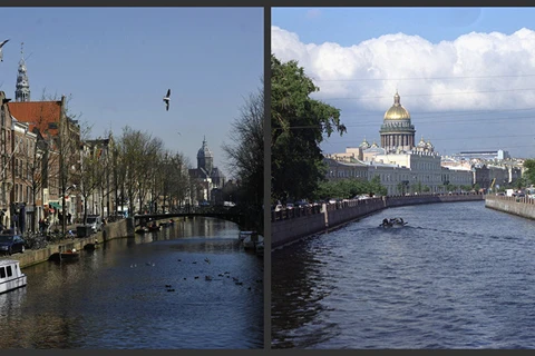 Trái: Một kênh đào tại Amsterdam, Hà Lan. (Nguồn: Sputnik). Phải: Nhà thờ St. Isaac tại St. Peterburg, nhìn từ bờ sông Moika. (Nguồn: Sputnik)