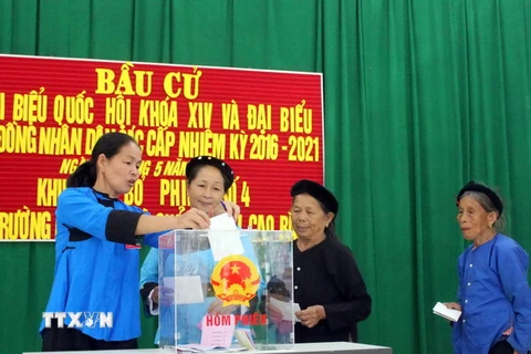 Cử tri dân tộc bỏ phiếu bầu cử tại khu vực bỏ phiếu số 4, xã Trường Hà, huyện Hà Quảng, tỉnh Cao Bằng. (Ảnh: Quốc Đạt/TTXVN)