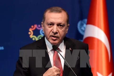 Tổng thống Thổ Nhĩ Kỳ Recep Tayyip Erdogan phát biểu trong một cuộc họp báo ở Istanbul ngày 24/5. (Nguồn: THX/TTXVN)