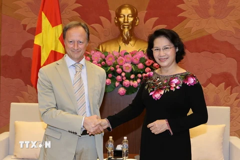 Chủ tịch Quốc hội Nguyễn Thị Kim Ngân tiếp Ngài Bruno Angelet, Đại sứ - Trưởng Phái đoàn Liên minh châu Âu tại Việt Nam. (Ảnh: Trọng Đức/TTXVN)
