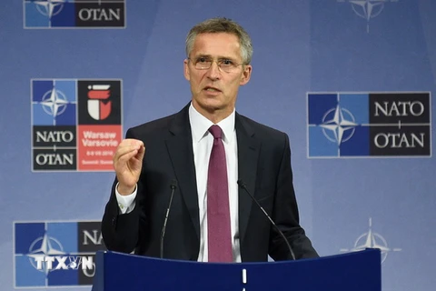 Tổng thư ký NATO Jens Stoltenberg phát biểu trong cuộc họp báo ở Brussels, Bỉ ngày 15/6. (Nguồn: AFP/TTXVN)