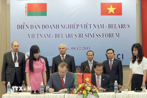 Lễ ký kết hợp tác giữa đại diện VCCI và Phòng Thương mại và Công nghiệp Belarus. (Ảnh minh họa: Tuấn Anh/TTXVN)