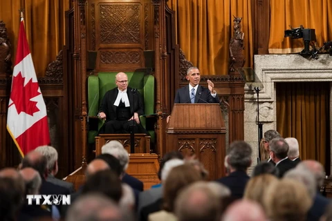 Tổng thống Mỹ Barack Obama phát biểu trước Quốc hội Canada tại thủ đô Ottawa ngày 29/6. (Nguồn: AFP/TTXVN)