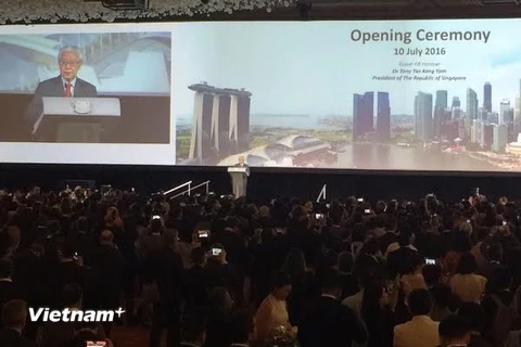 Tổng thống Singapore Tony Tan phát biểu khai mạc Hội nghị thượng đỉnh các thành phố thế giới. (Ảnh: Phân xã Singapore)