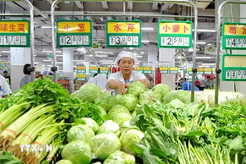 Quầy rau xanh tại một siêu thị ở Thạch Gia Trang, tỉnh Hà Bắc (Trung Quốc) . (Nguồn: THX/TTXVN)