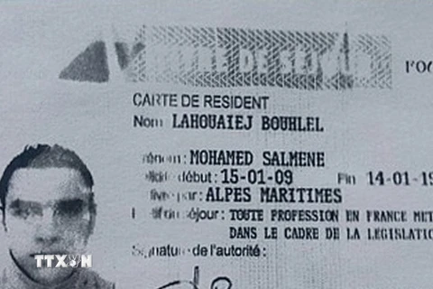 Giấy phép cư trú của đối tượng Mohamed Lahouaiej-Bouhlel do cảnh sát Pháp công bố ngày 15/7. (Nguồn: AFP/TTXVN)