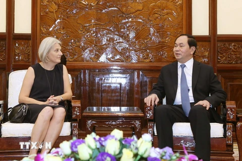  Chủ tịch nước Trần Đại Quang tiếp bà Charlotte Laursen, Đại sứ Đan Mạch tại Việt Nam đến chào xã giao. (Ảnh: Nhan Sáng/TTXVN)
