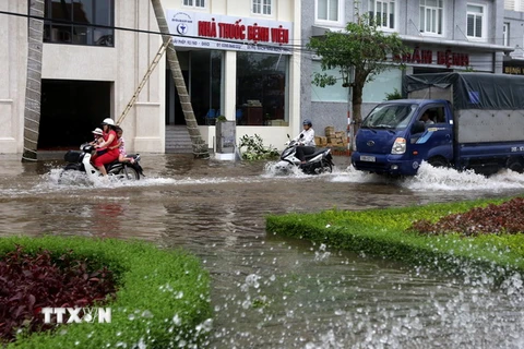 Bão kèm theo mưa to gây ngập lụt nhiều tuyến phố trong nội thành thành phố Nam Định. (Ảnh: Ngọc Hà/TTXVN)