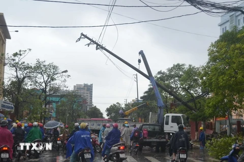 Cột điện trước cổng trường Đại học Y dược Thái Bình bị đổ gục. (Ảnh: Thu Hoài/TTXVN)