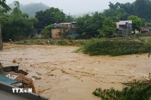 Nước lên cao tại Ngòi Đum chảy qua xã Đồng Tuyên (TP Lào Cai). (Ảnh: Lục Thu Hương/TTXVN)