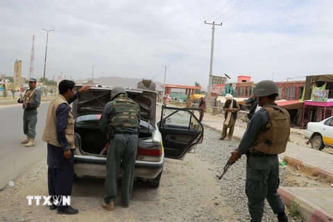 Cảnh sát Afghanistan kiểm tra an ninh trong một chiến dịch chống phiến quân ở tỉnh Ghazni ngày 7/8. (Nguồn: THX/TTXVN)