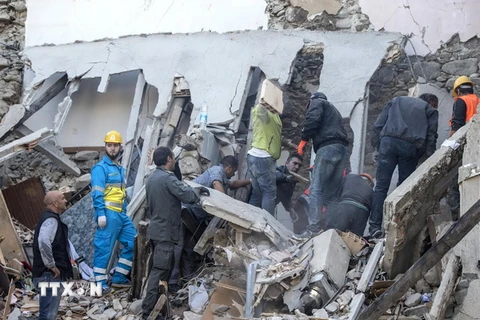 Lực lượng cứu hộ tìm kiếm các nạn nhân bị mắc kẹt trong đống đổ nát sau động đất ở Accumoli ngày 24/8. (Nguồn: EPA/ TTXVN)
