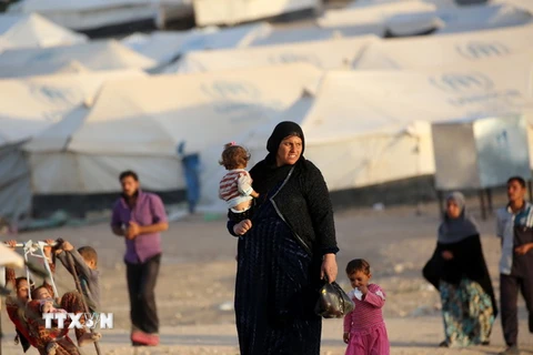 Người dân Iraq sơ tán khỏi khu vực chiến sự thành phố Mosul tới sống ở các trại tị nạn thị trấn al-Hol, tỉnh Hasakeh, Syria, ngày 17/10. (Nguồn: AFP/TTXVN)